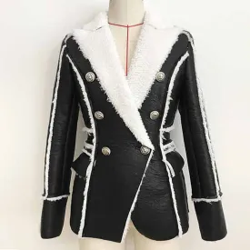 Women Fur Lined Leather Jacket Double Breasted Black Leather Full Collar Jacket