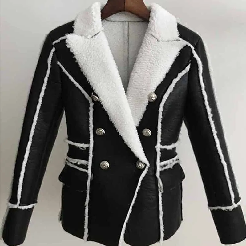 Women Fur Lined Leather Jacket Double Breasted Black Leather Full Collar Jacket