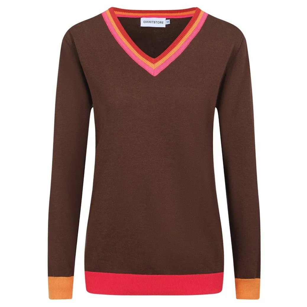 Women V-Neck Brown Long Sleeves Knitwear