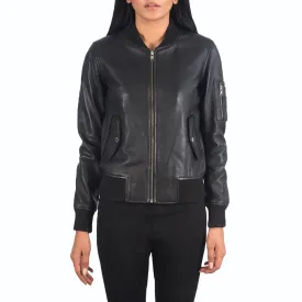 Womens Aviator Black Leather Bomber Jacket