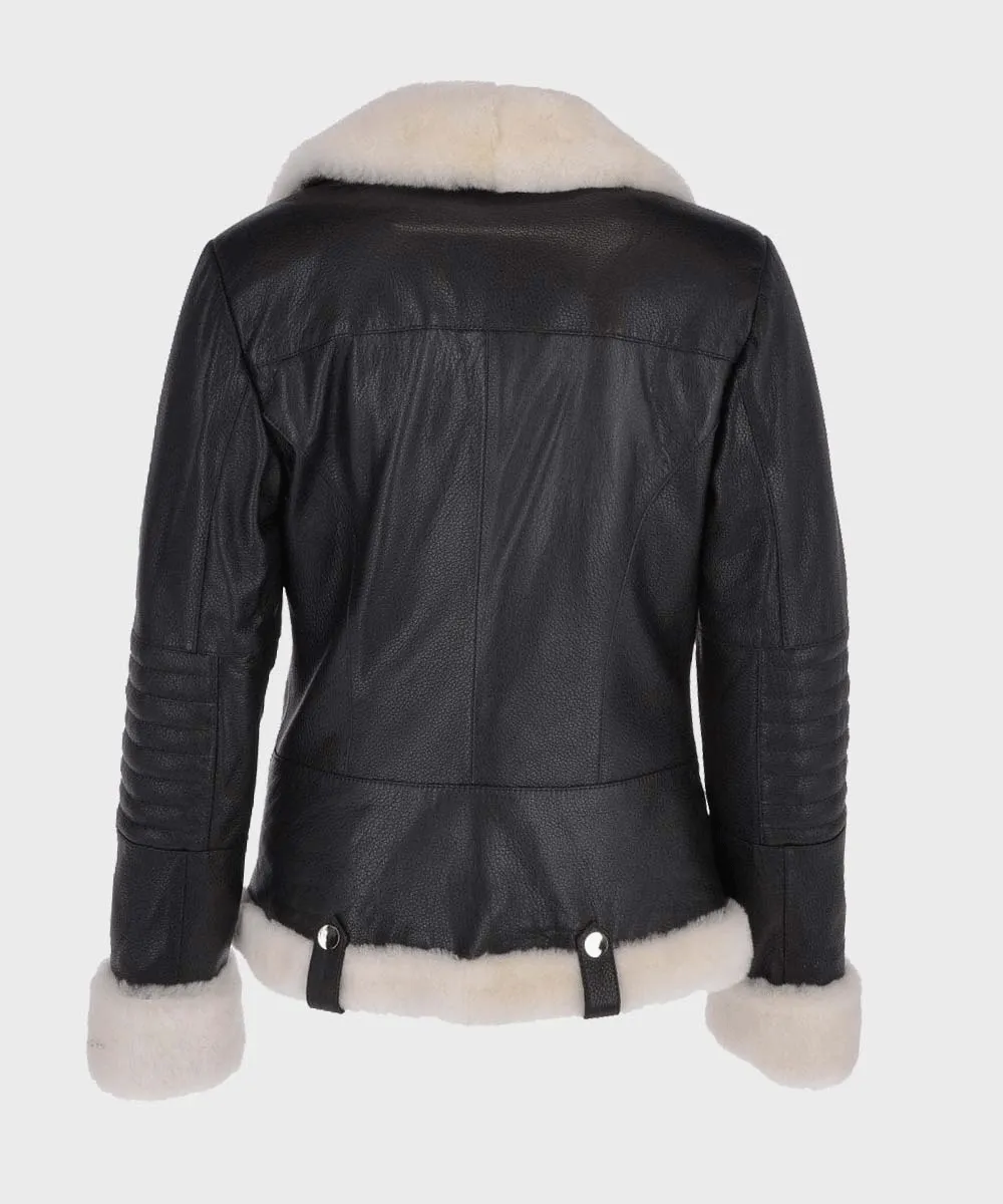 Womens Black Motorcycle Shearling Leather Jacket