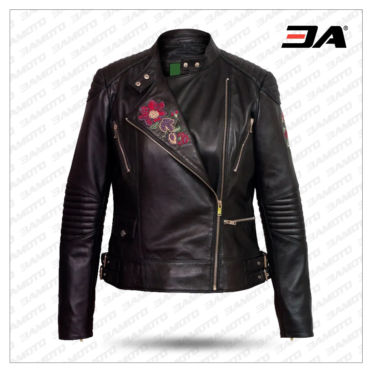 Women’s Black Printed Leather Biker Jacket