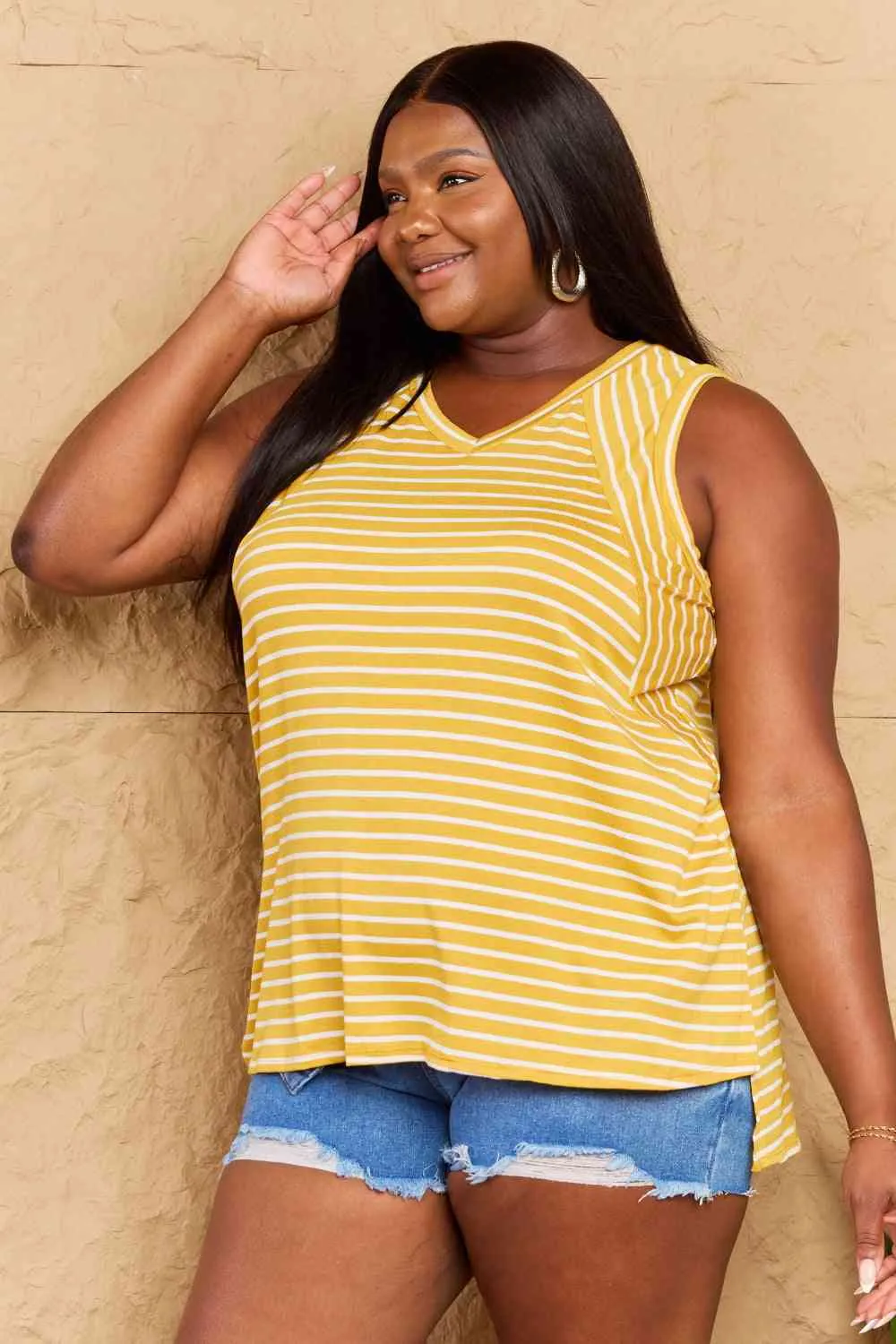 Women's Doublju Talk To Me Full Size Striped Sleeveless V-Neck Top