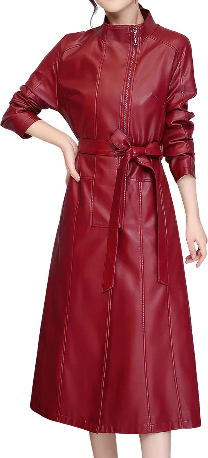 Women’s Red Genuine Sheepskin Stand Collar Slim Fit Belted High Street Smooth Lightweight Elegant Fashion Leather Coat