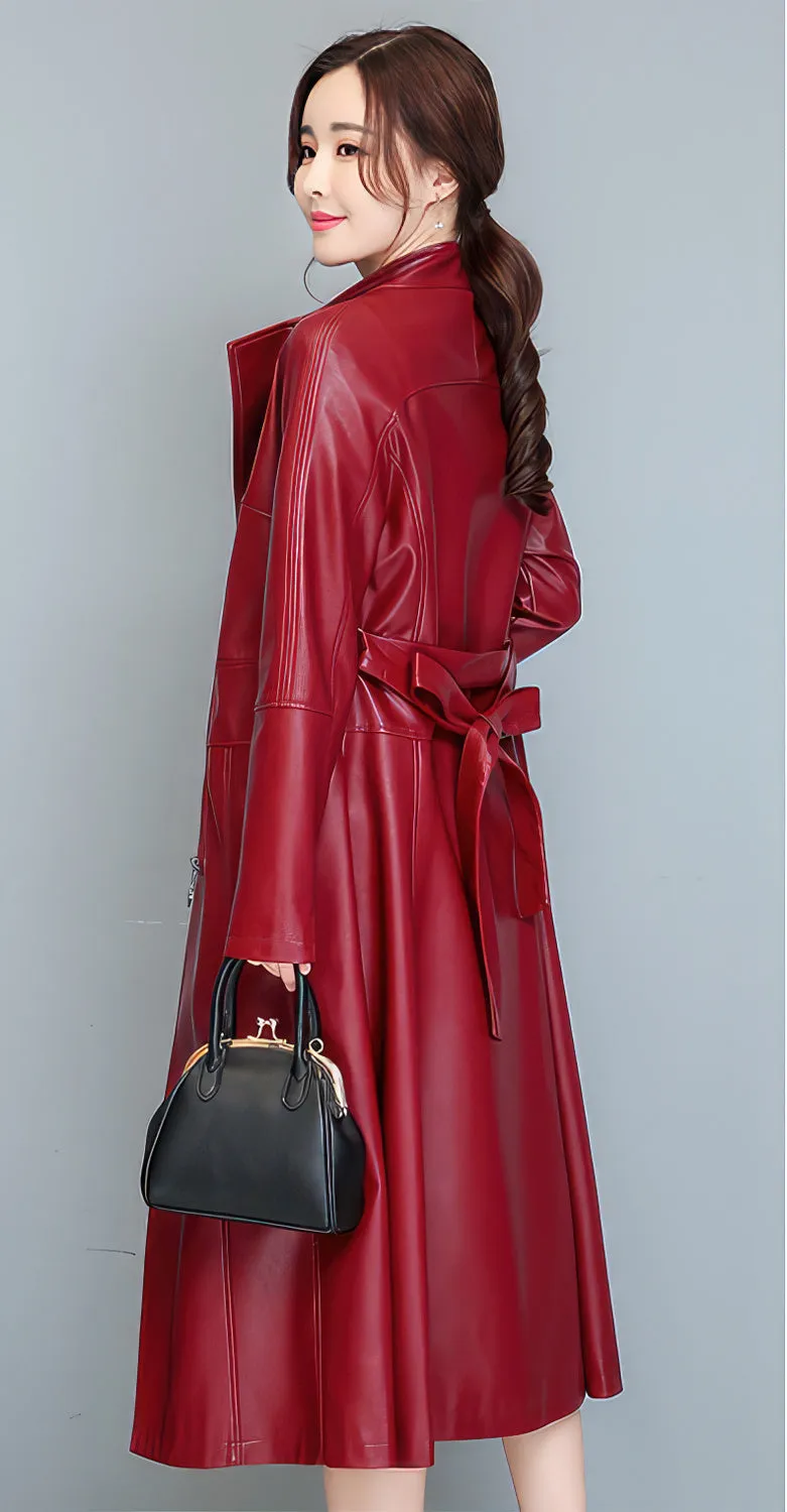 Women’s Red Genuine Sheepskin Stand Collar Slim Fit Belted High Street Smooth Lightweight Elegant Fashion Leather Coat