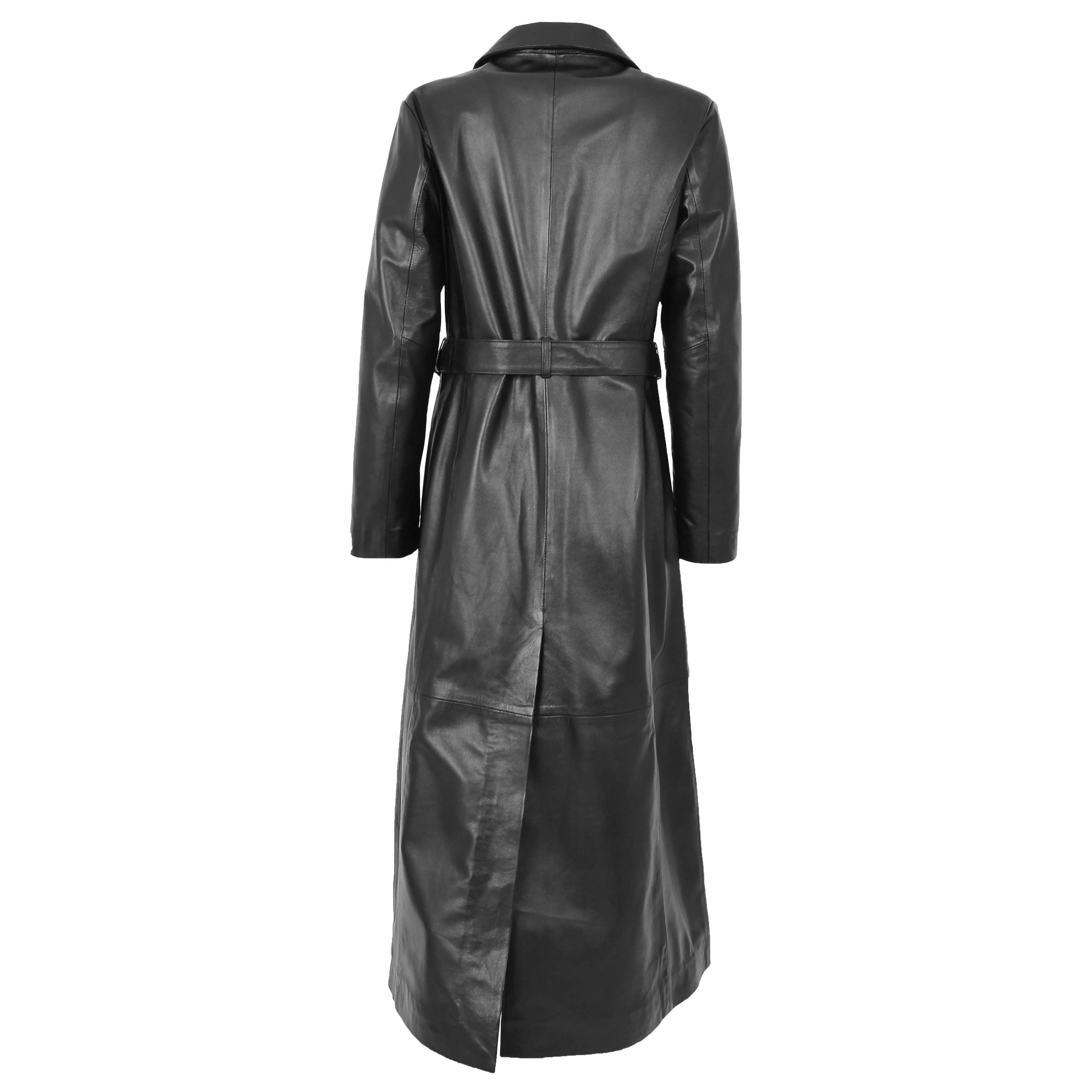 Womens Soft Black Leather Full Length Overcoat Ankle Long Matrix Trench Foxy