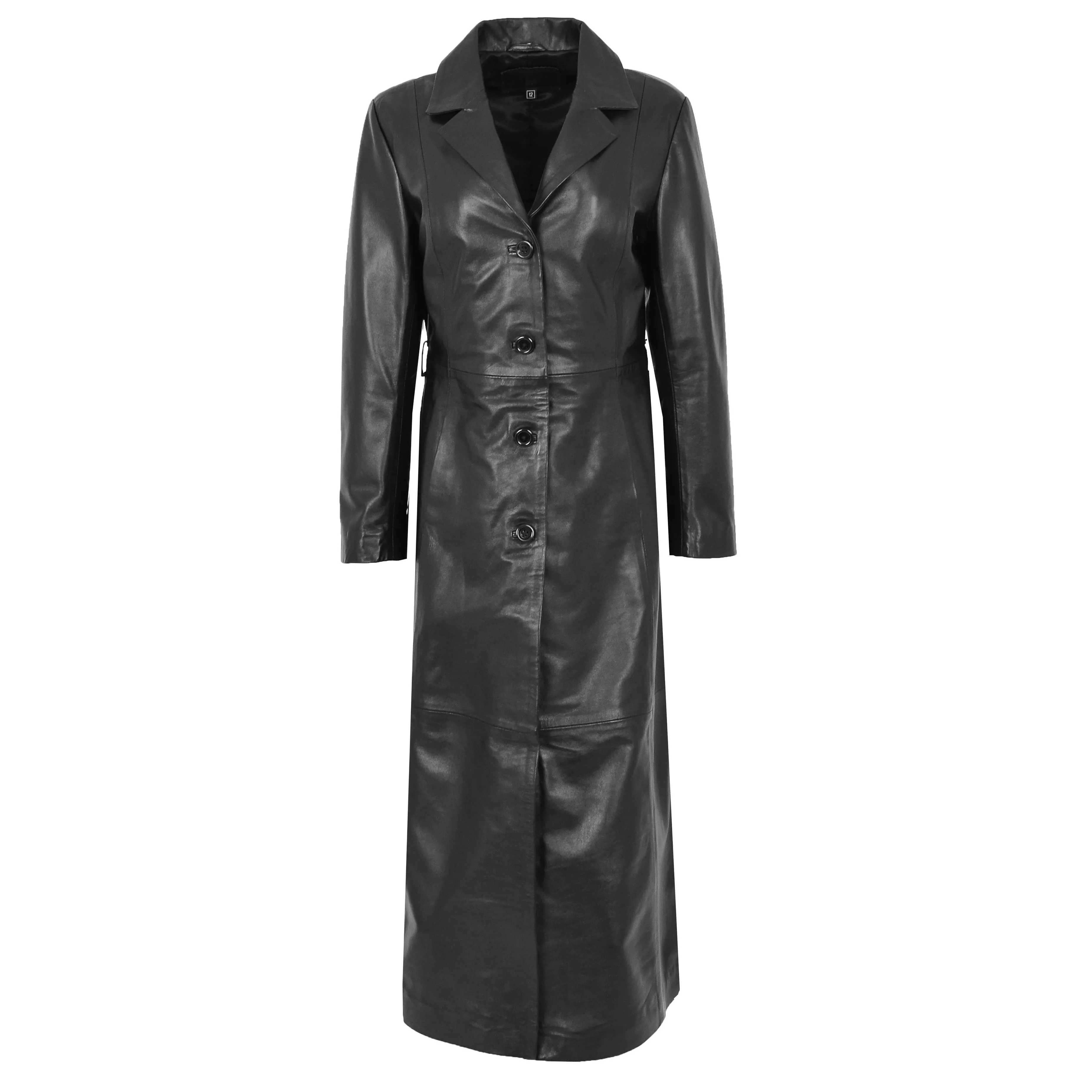 Womens Soft Black Leather Full Length Overcoat Ankle Long Matrix Trench Foxy