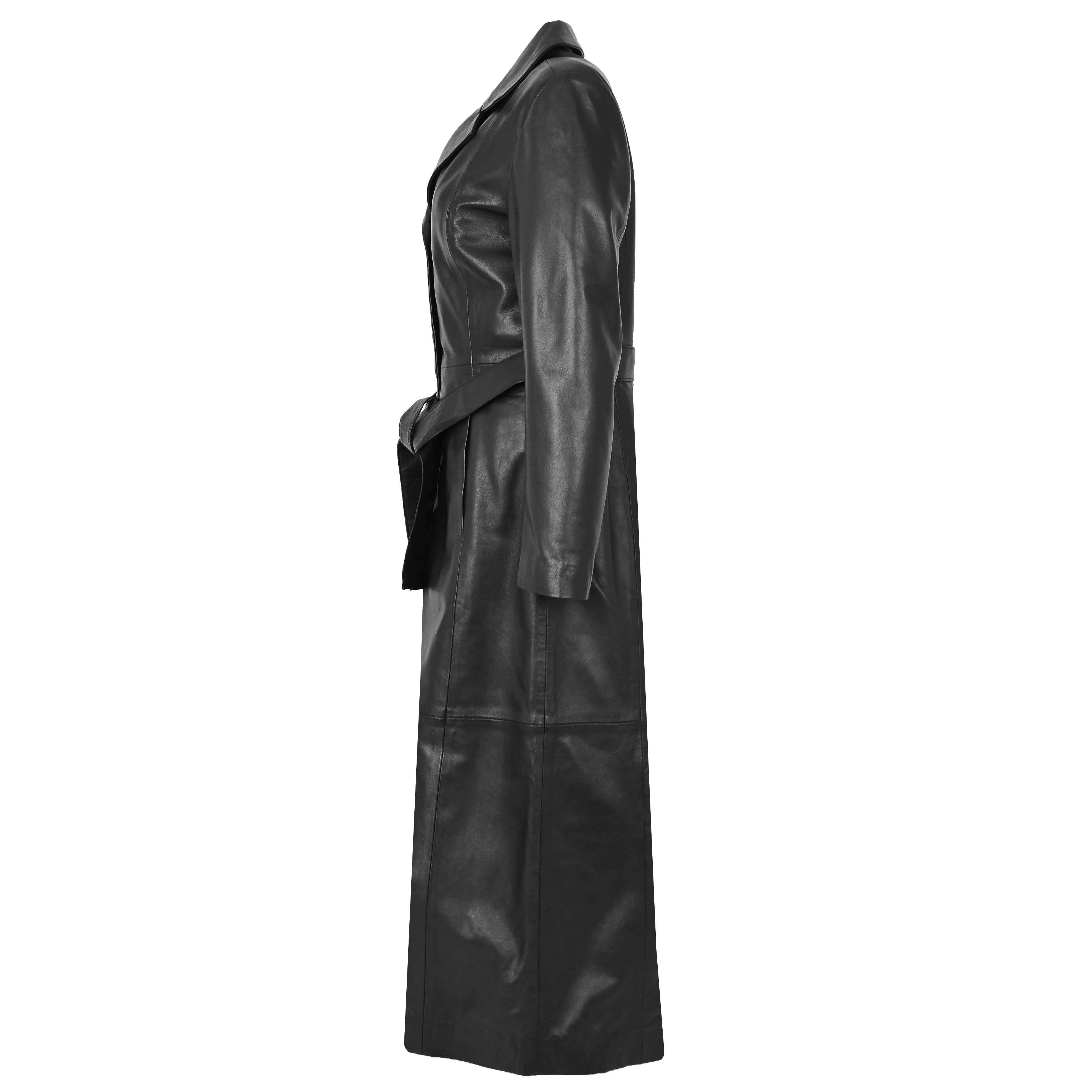 Womens Soft Black Leather Full Length Overcoat Ankle Long Matrix Trench Foxy